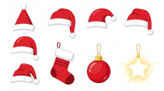 A clean vector set of red Santa hats, a Christmas stocking, a red ornament, and a glowing star hanging against a white background.