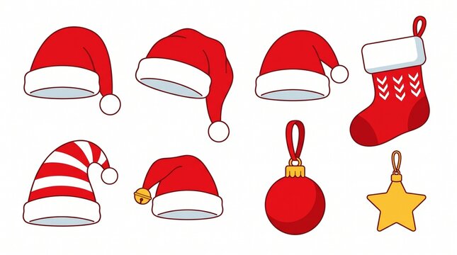 A collection of cartoon Christmas vector elements, including various Santa hats, a stocking, a red bauble, and a star ornament.