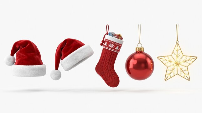 ​A 3D render set of Christmas decorations on a white background, featuring red Santa hats, a knitted gift stocking, a shiny red bauble, and a glowing gold star ornament.