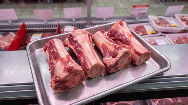 Fresh beef bone marrow cuts displayed in metal tray at butcher shop meat counter