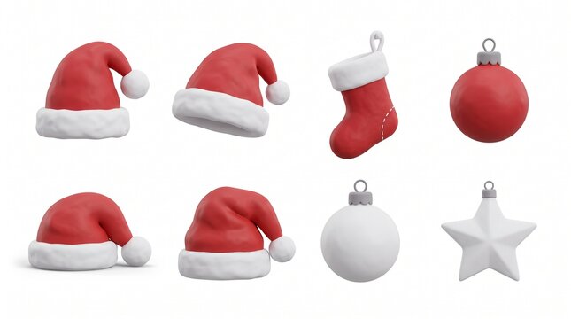A 3D clay-style Christmas asset set featuring Santa hats, a stocking, baubles, and a star ornament isolated on a white background.