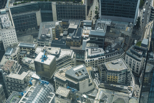 View of dense urban architecture with modern and historic buildings in the city center of London, England, United Kingdom.