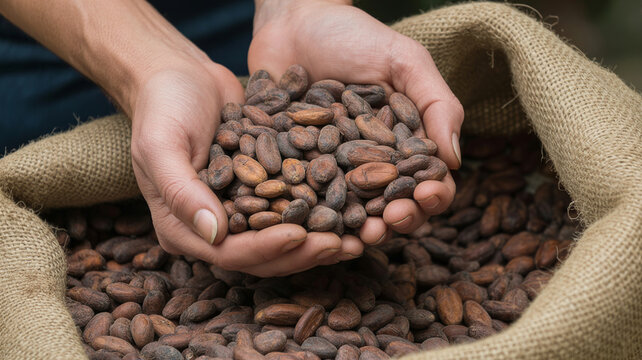 Hands holding raw organic cocoa beans over a burlap sack for chocolate production.