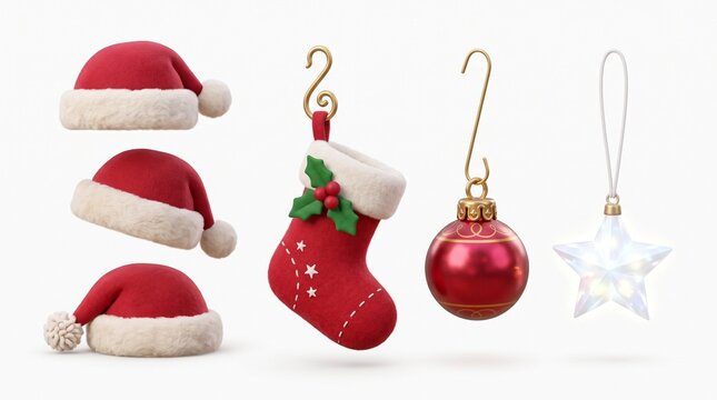 ​A collection of 3D Christmas elements on a white background, featuring three red Santa hats, a Christmas stocking with holly leaves, a red hanging bauble ornament, and a glowing star ornament. 