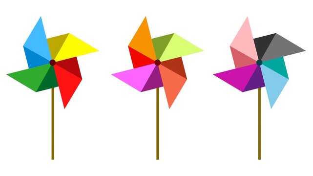 three colorful origami paper pinwheel animation on a transparent background, animation of the pinwheel spinning repeatedly