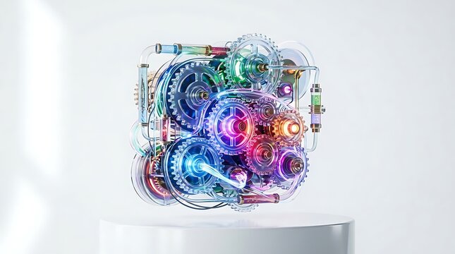 Abstract 3D illustration of glowing colorful mechanical gears and cogs floating on a white pedestal.