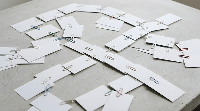 White blank cards connected with colorful paper clips on concrete