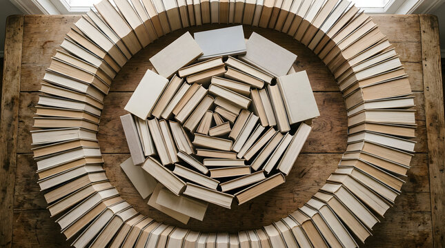 Books arranged in spiral pattern on wooden table top view