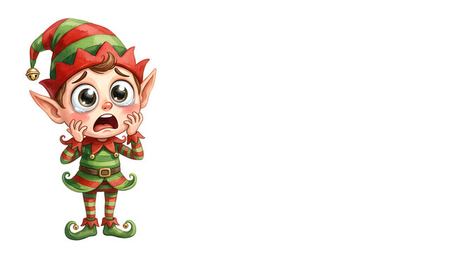 A ridiculously cute fully cartoon illustrated Christmas elf with enormous terrified sparkling eyes, raised eyebrows, open mouth and tiny hands held dramatically upward, pointed ears, crooked floppy 