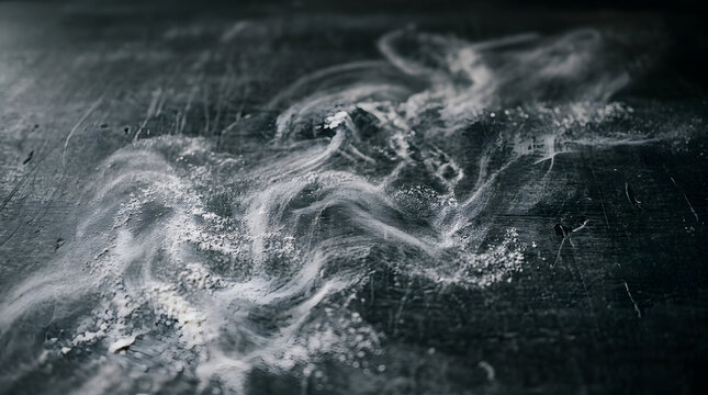 White flour scattered on dark surface with swirl patterns