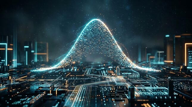 Abstract digital bell curve glowing over a futuristic smart city landscape at night.