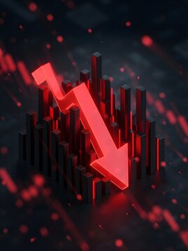 Red 3d arrow pointing down representing financial market loss