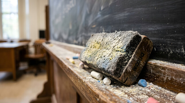 Dusty chalkboard eraser and chalk pieces on wooden ledge