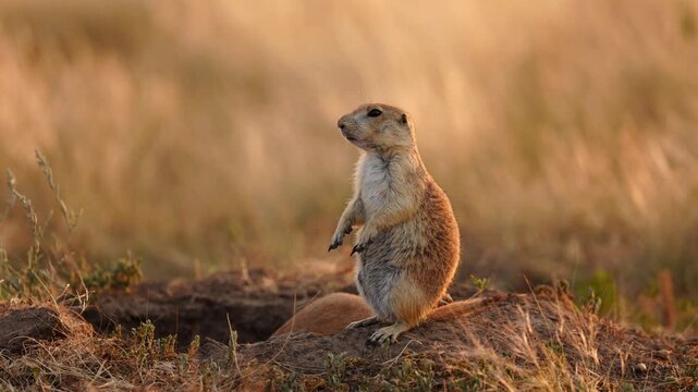 Black-tailed prairie dog (Cynomys ludovicianus) colony, watching for danger at the burrow, Black hills of South Dakota.