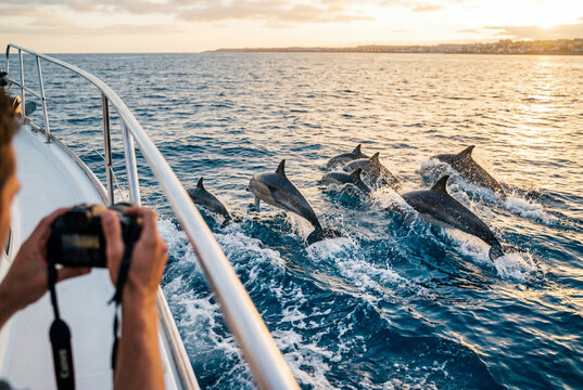 Passenger on a boat taking a photograph of a pod of dolphins swimming in the deep blue ocean