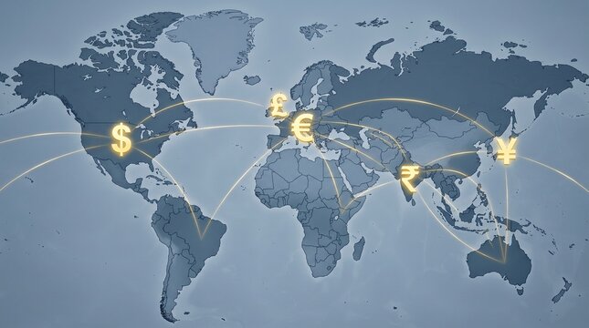 Global currency exchange network map with glowing financial symbols. Featuring dollar euro pound yen and rupee signs connected by transfer lines for international business trade concept.