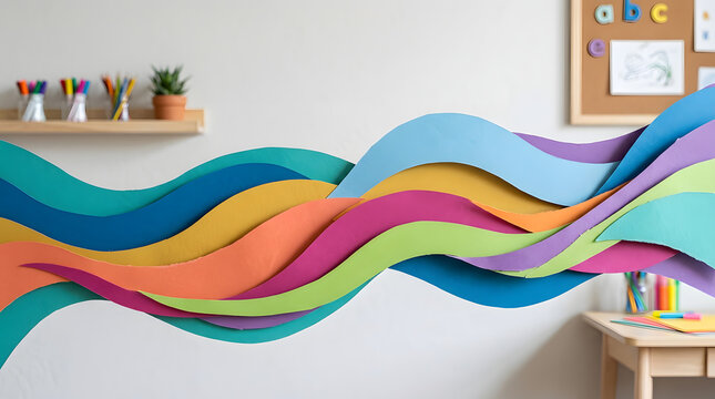 Colorful wavy paper strips decoration in children classroom