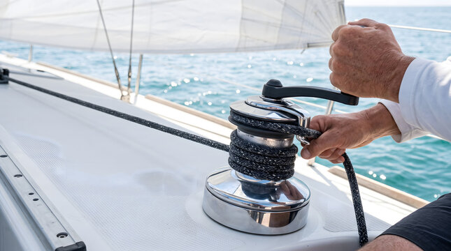 Sailor operating winch on sailboat deck at sea