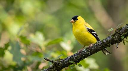Fototapeta premium American Goldfinch perched on a mossy branch