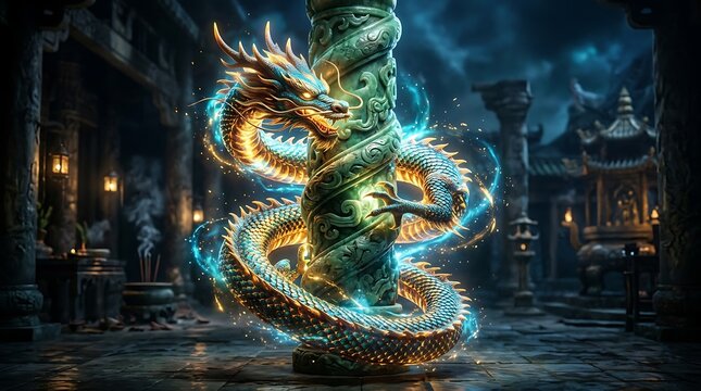 A majestic golden Chinese dragon coiled around an ancient stone pillar in a mystical temple.