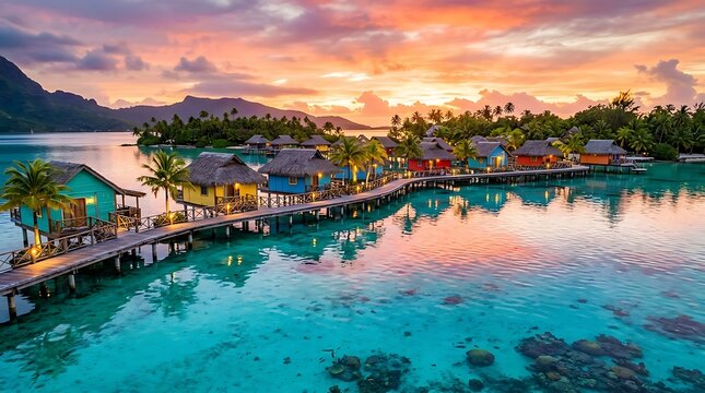 Beautiful overwater bungalows in a tropical lagoon during a vibrant sunset in Bora Bora.
