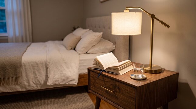 Cozy bedroom nightstand with lit reading lamp open book and glass of water next to comfortable neatly made bed in warm evening light for home decor concept.