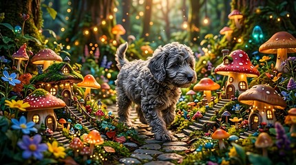 A cute fluffy puppy walking through a magical fairy tale forest with glowing mushroom houses. © Rupanala