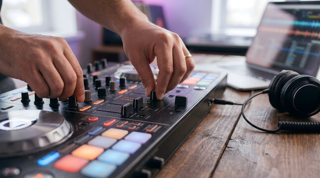 DJ mixing music on controller with laptop and headphones