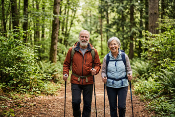 Fototapeta premium A happy senior couple hikes with poles in a forest
