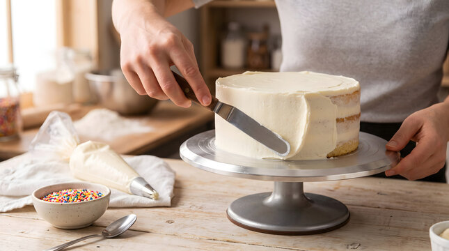 Baker frosting a cake with buttercream icing