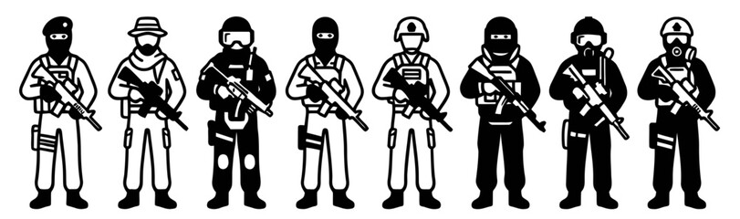 Obraz premium Set of black and white vector icons representing various armed soldiers and special forces operators.