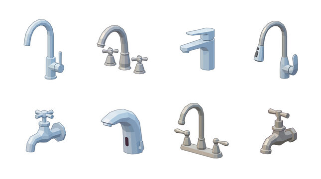 Collection of various modern and classic water faucets and taps for kitchen and bathroom.