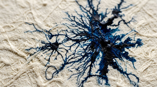 Blue neuron cells embroidered on white textured fabric art