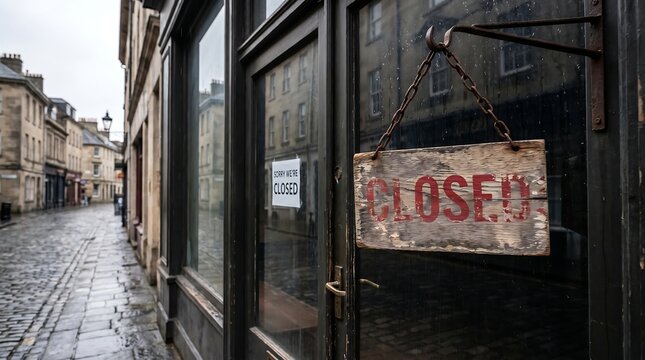 A weathered wooden closed sign hangs on the dark glass storefront of a city building.