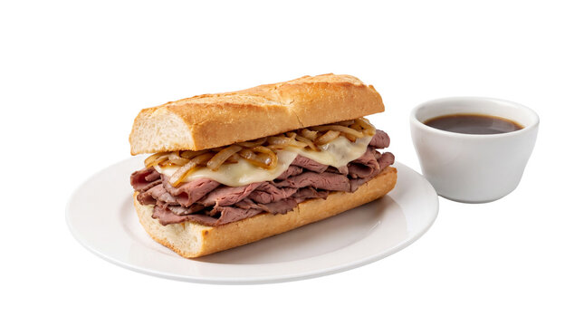 French dip roast beef sandwich with melted cheese and onions, savory beef jus dipping sauce, gourmet deli lunch on white background