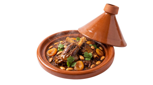 Traditional Moroccan lamb tagine with apricots and almonds. Slow cooked meat stew in clay pot. Authentic North African cuisine.