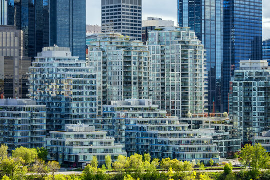 View of modern glass skyscrapers and residential high-rise buildings with balconies surrounded by lush green trees in the downtown district of Calgary, Alberta, Canada.