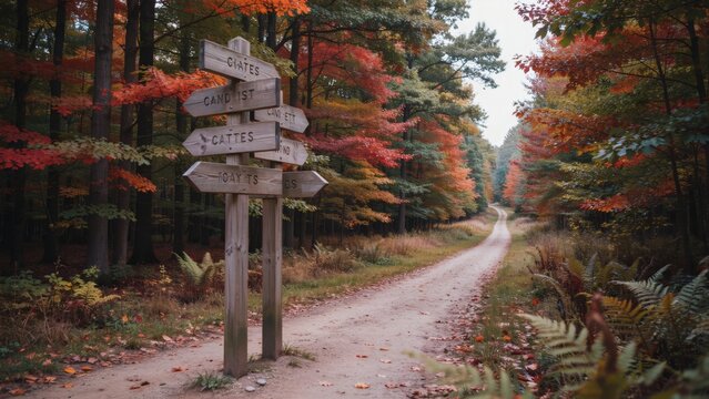 Wooden signpost along a forest road in autumn with signpost standing beside depicts rustic wooden beside gravel path