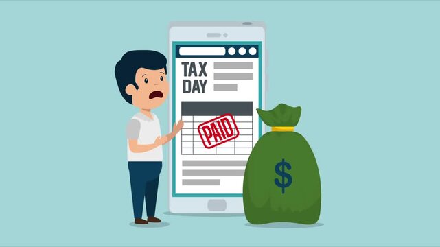 Flat design tax day financial report animation showing a worried man paying taxes online on his smartphone near a money bag