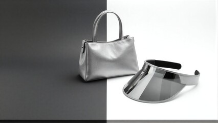 Naklejka premium Silver handbag and visor on minimalist black-white background.