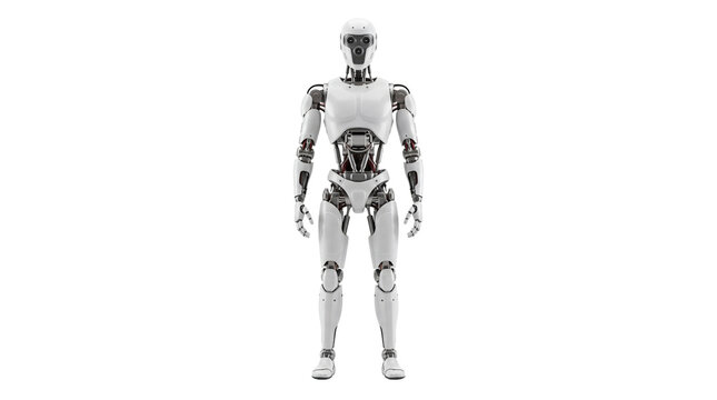 Futuristic humanoid robot standing on white background, sleek white android cyborg, full body robotic character for science fiction and AI concepts