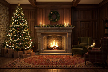 Fototapeta premium Classic living room decorated for christmas with lit tree gifts glowing fireplace and armchairs