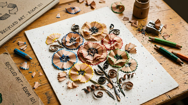 Recycled art flowers made from colored pencil shavings on paper