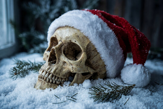 Macabre human skull wearing santa hat half buried in snow