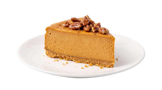 Pumpkin cheesecake slice on white plate, topped with pecans, creamy autumn dessert, festive holiday treat, cozy seasonal baking, smooth texture, delicious pastry food photography