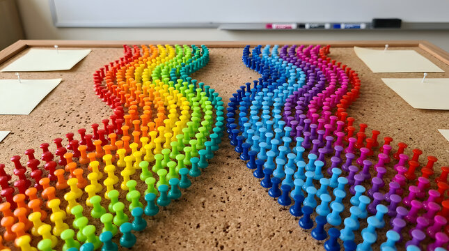 Rainbow heart shape made of colorful push pins on cork board