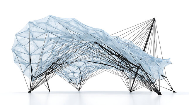 Futuristic tensile structure with translucent fabric and black support cables on white