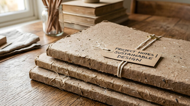 Handmade recycled paper notebooks with sustainable design tag