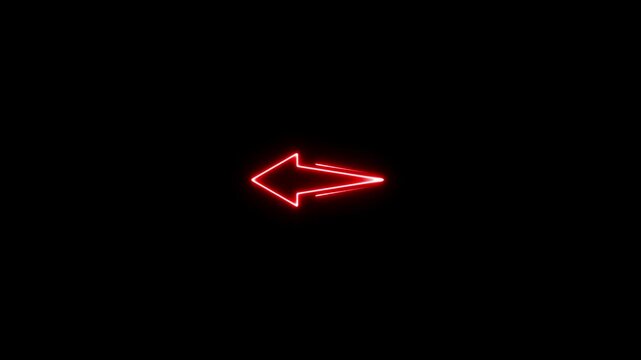 Red neon arrow sign glowing on black background, minimalist directional pointer animation