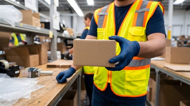 Warehouse worker holding package, logistics and supply chain management